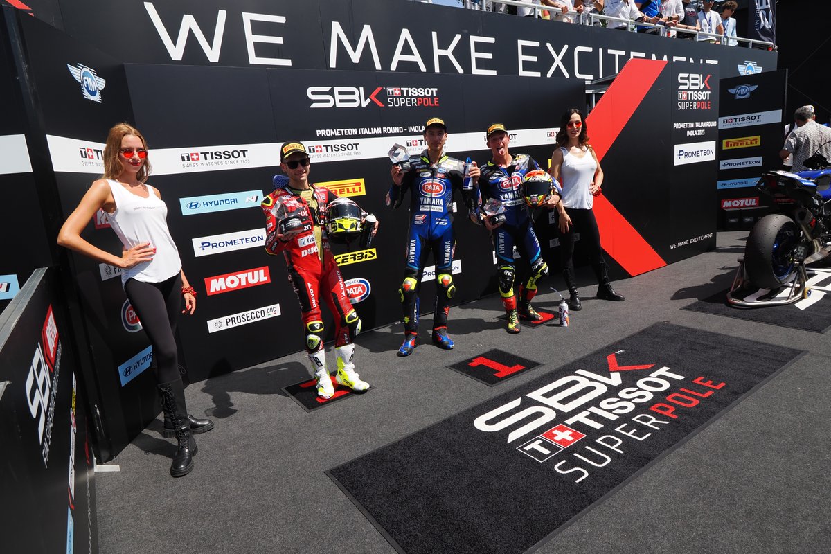 WorldSBK's tweet photo. WHAT. A. SHOW. 🤩

The Tissot Superpole Race in Italy was truly unforgettable! ✨ Do you remember the gap between @toprak_tr54 and @19Bautista as they crossed the finish line? 🤏

#ITAWorldSBK 🇮🇹 #2023SoFar https://t.co/i5vWmO9AaA