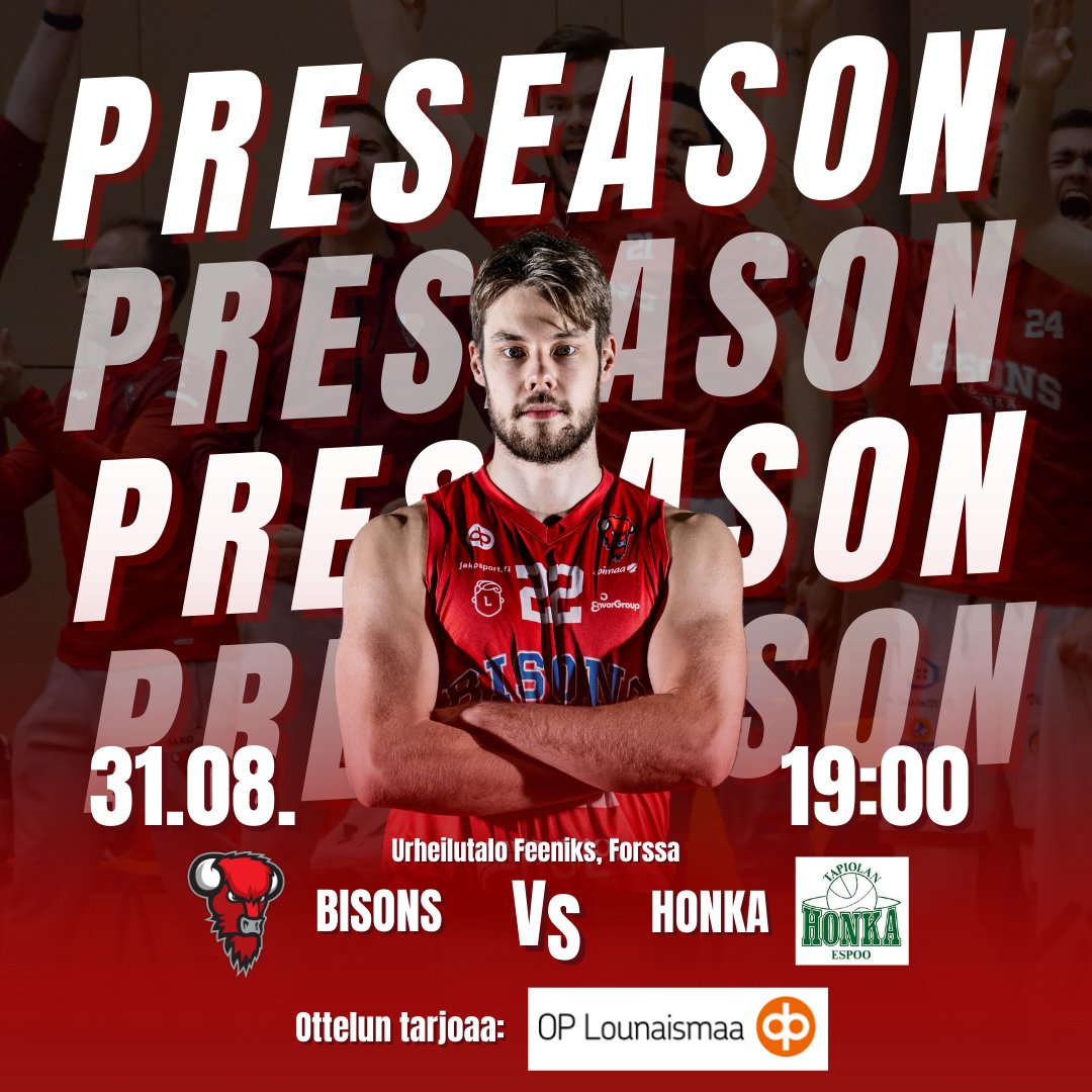 Ensi viikolla ensimmäinen harkkapeli 🏀💯

Biisoneiden ja Hongan riveistä löytyy kolme miestä joille Feeniksin parketti on harvinaisen tuttu, <a href="/konstamastomaki/">Konsta Mastomäki</a> <a href="/TuukkaKotti/">Tuukka Kotti</a>  <a href="/coachjuri/">Juri Heinämäki</a> 😉

Ottelun tarjoaa @oplounaismaa. 🧡

Bisons vs @tapiolanhonka to 31.08. klo 19.00, Feeniks 🔥