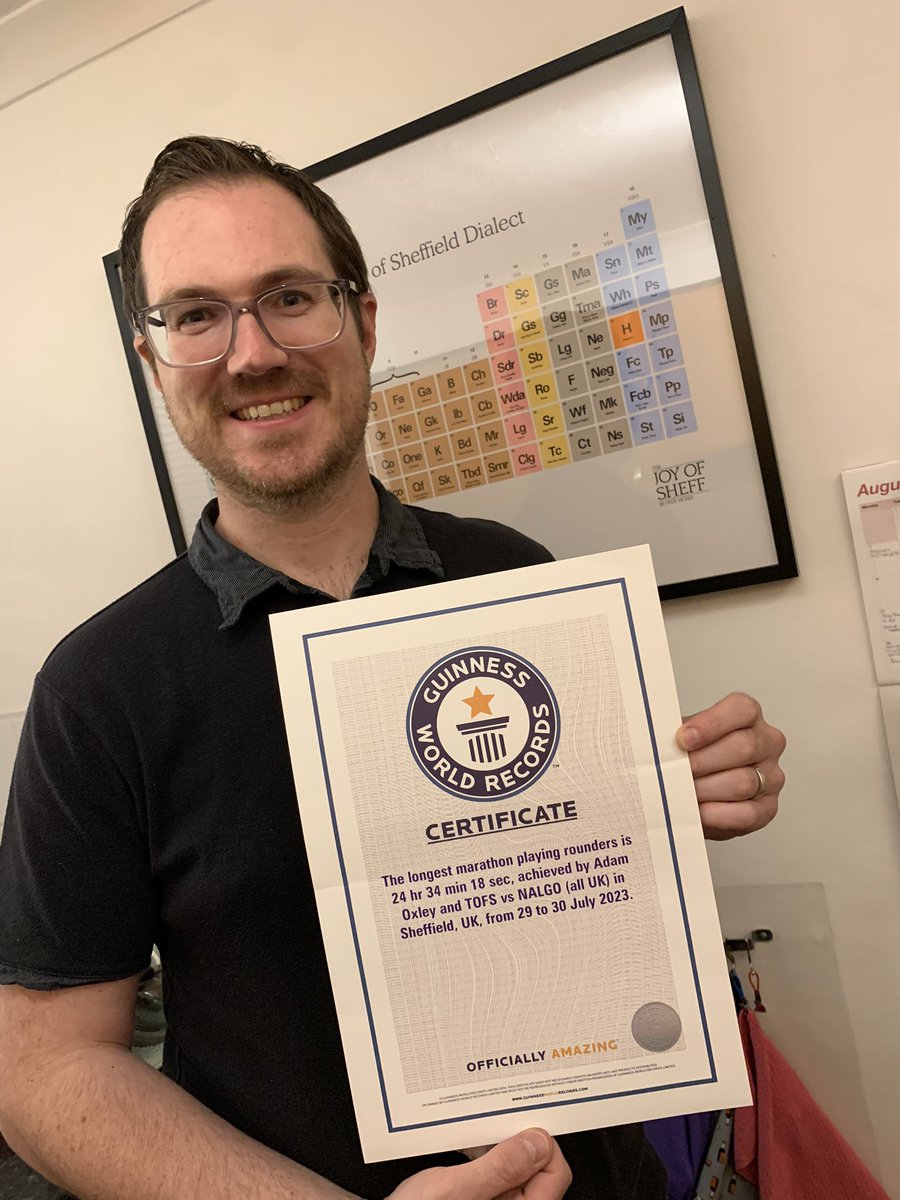 GlenOxley6424's tweet photo. 🌎 It’s officially official, world record holders 🌍 

Thanks Guinness for our certificate for the longest marathon playing rounders ever on planet Earth!

What a fitting legacy for former TOFS, NALGO, South Yorkshire &amp; England rounders player Glen Oxley.

https://t.co/ps0iQqK7a6 https://t.co/lgr2wuTPO8