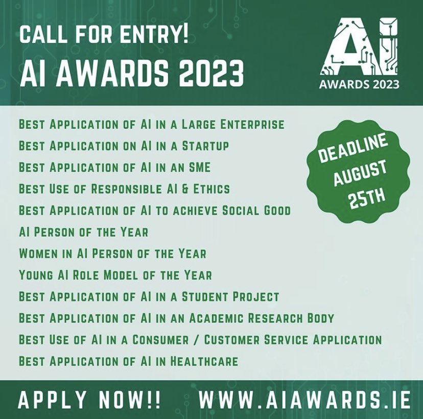 RT AIAwardsIrl It’s Deadline Day!! Applications close Midnight, tonight so apply today to get involved 

aiawards.ie/award-categori… 

#aiawardsirl #aiireland #ai #DataScience #dataengineering #machinelearning  aiawards.ie/award-categori…