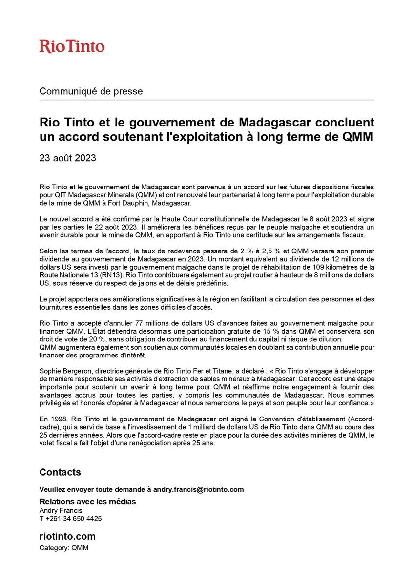 22 Aout 2023
Le groupe RIO TINTO et l’Etat Malagasy représenté par l’OMNIS signent un nouvel accord sur les dispositions fiscales pour Qit Madagascar Minerals (QMM) et une nouvelle collaboration entre les deux parties pour les 25 prochaines années.
#RioTinto
#MMRS
#OMNIS
#QMM