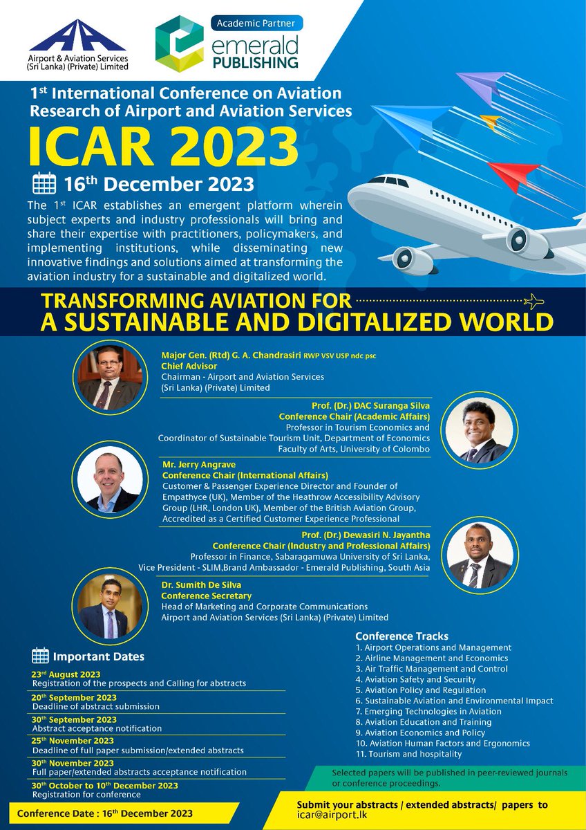 𝐓𝐫𝐚𝐧𝐬𝐟𝐨𝐫𝐦𝐢𝐧𝐠 𝐀𝐯𝐢𝐚𝐭𝐢𝐨𝐧 𝐟𝐨𝐫 𝐚 𝐒𝐮𝐬𝐭𝐚𝐢𝐧𝐚𝐛𝐥𝐞 &amp; 𝐃𝐢𝐠𝐢𝐭𝐚𝐥𝐢𝐳𝐞𝐝 𝐖𝐨𝐫𝐥𝐝:
𝟏𝐬𝐭 𝐈𝐧𝐭𝐞𝐫𝐧𝐚𝐭𝐢𝐨𝐧𝐚𝐥 𝐂𝐨𝐧𝐟𝐞𝐫𝐞𝐧𝐜𝐞 𝐨𝐧 𝐀𝐯𝐢𝐚𝐭𝐢𝐨𝐧 𝐑𝐞𝐬𝐞𝐚𝐫𝐜𝐡 (𝐈𝐂𝐀𝐑) 𝟐𝟎𝟐𝟑

Submit your abstracts to 𝗶𝗰𝗮𝗿@𝗮𝗶𝗿𝗽𝗼𝗿𝘁.𝗹𝗸