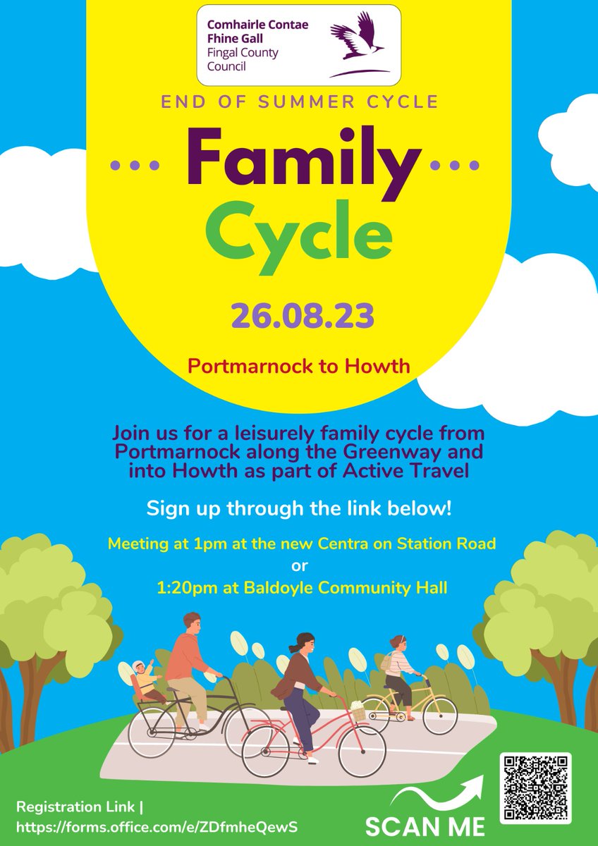 Don't forget, we've our End of Summer Family Cycle from Station Road, Portmarnock to Howth, still time to sign up through the link and come join the Fingal Active Travel Team for a lovely Cycle #ActiveTravel #Howth  forms.office.com/e/ZDfmheQewS
