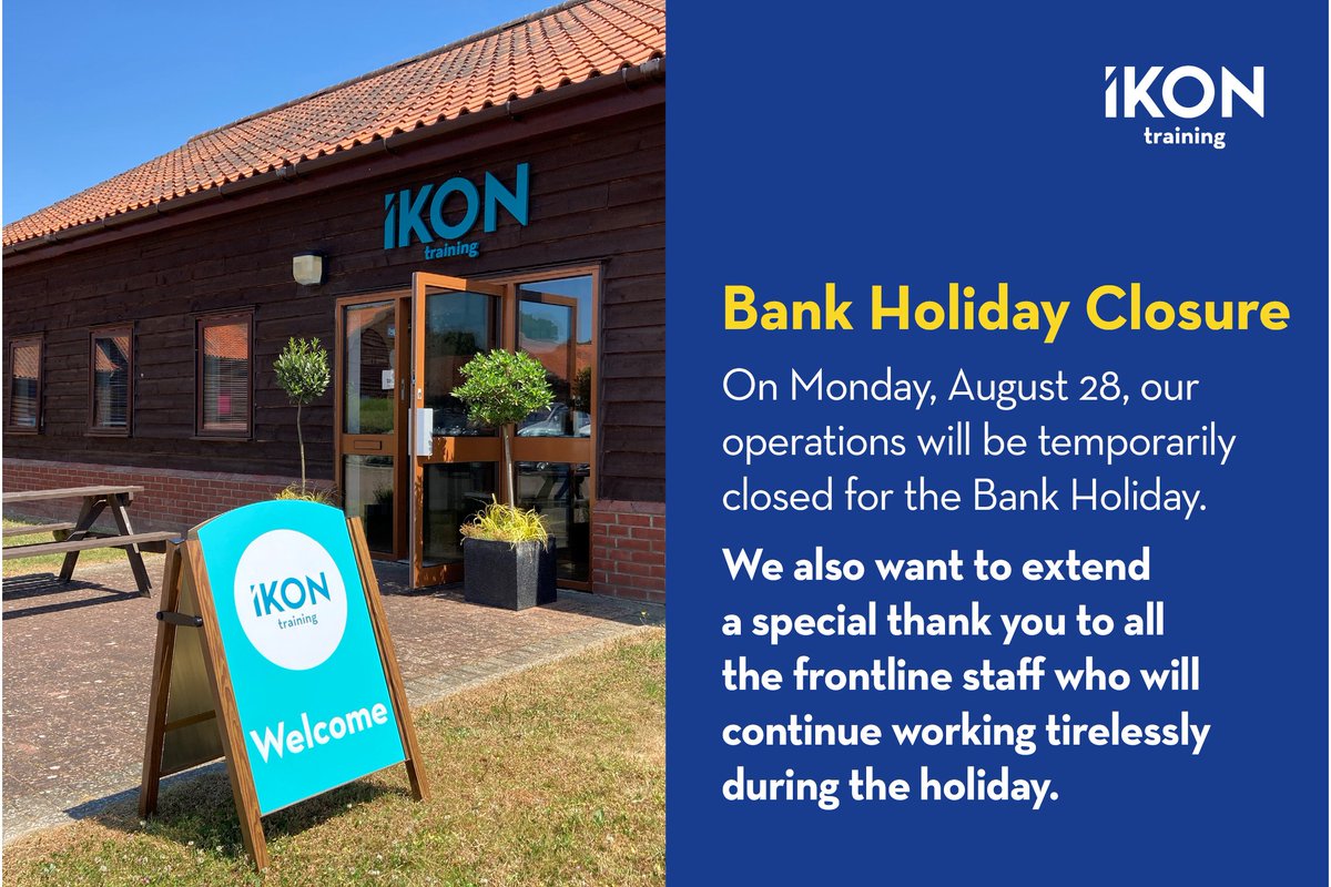 📢 Important Update: On Mon, Aug 28th, we'll be closed for the Bank Holiday. A big shoutout to our frontline heroes working tirelessly! For urgent matters, visit our website or email info@ikontraining.co.uk. Our team will be back on Tue🌟 #FrontlineHeroes #IKONTraining