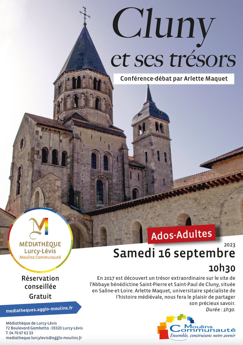 ⛪️ Samedi 16 septembre, à 10h30, rendez-vous pour une conférence-débat à la médiathèque de Lurcy-Lévis « Cluny et ses trésors », animée par Arlette Maquet.
✅Gratuit, réservation conseillée. <a href="/MedMoulinsCo/">Médiathèques Moulins Communauté</a>