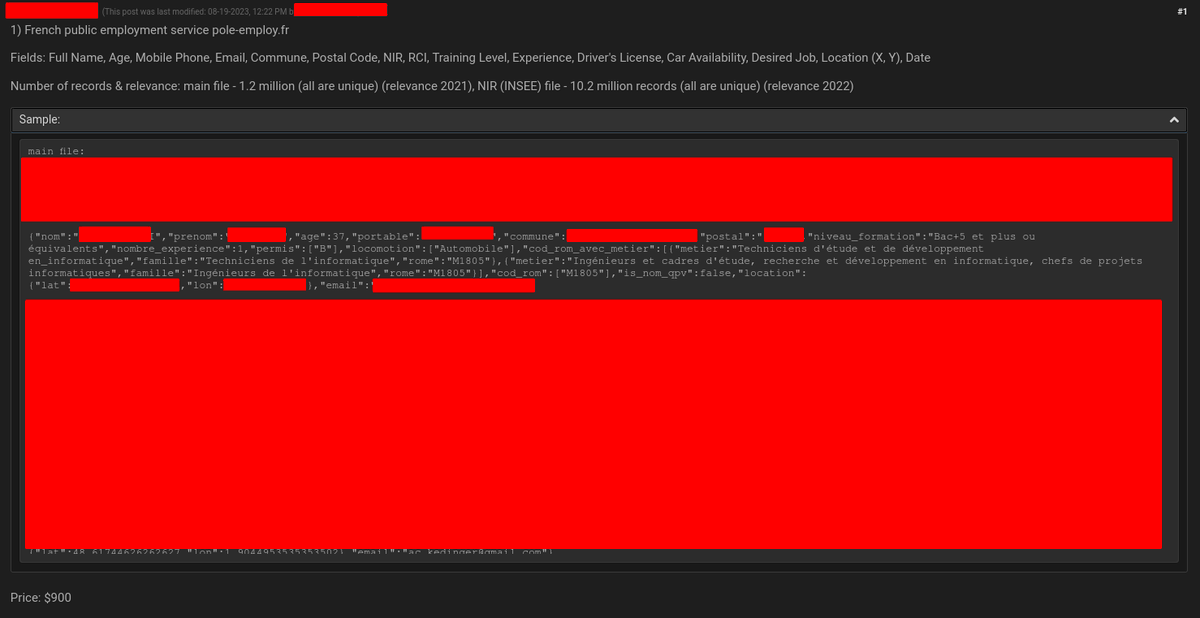 [🚨🚨[FRANCE]CyberAlert - 🇫🇷 PoleEmploi, les données de 10M de bénéficiaires en vente pour 835€]

Il n'aura pas fallu attendre longtemps pour voir les données de #poleemploi en vente !

900$ ! 900$ somme tellement ridicule au regard des données critiques en vente. On retrouve