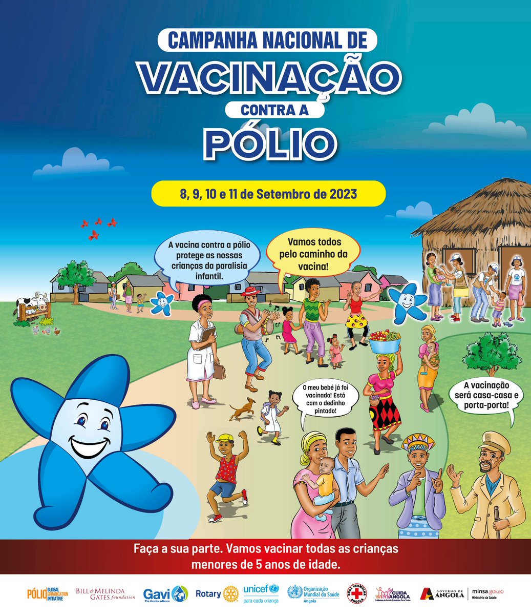 UNICEFAngola's tweet photo. A campanha nacional de #vacinação contra a #pólio vai começar!

Dias 8, 9, 10 e 11 de setembro, todas as #crianças menores de 5 anos devem ser vacinadas.

É hora de vacinar as crianças para que elas tenham uma vida saudável sem #Pólio. https://t.co/G1H2gbW3Tg