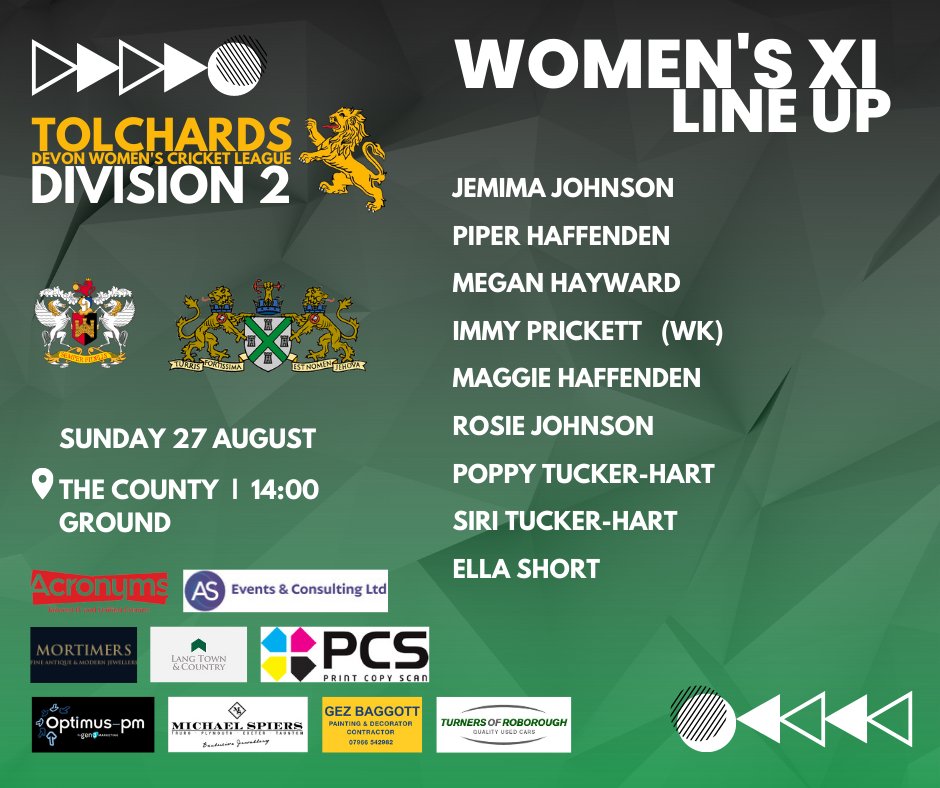 Plymouth Cricket Club (@ccplymouth) on Twitter photo All four senior sides are in action this weekend.
The First XI hosts <a href="/CSGcricket/">Clyst St. George CC</a>
The Second XI travel across to <a href="/dtcc_/">Dartington&Totnes CC</a>
The Third XI hosts <a href="/ivybridgecc/">Ivybridge Cricket</a>
The Women's XI hosts <a href="/ExeterCricket/">ExeterCC</a> All four senior sides are in action this weekend.
The First XI hosts <a href="/CSGcricket/">Clyst St. George CC</a>
The Second XI travel across to <a href="/dtcc_/">Dartington&Totnes CC</a>
The Third XI hosts <a href="/ivybridgecc/">Ivybridge Cricket</a>
The Women's XI hosts <a href="/ExeterCricket/">ExeterCC</a>