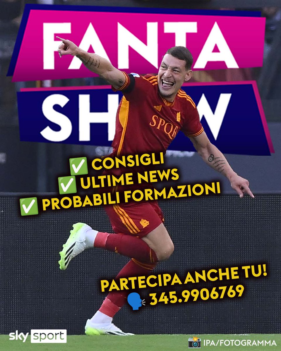 skysport (@skysport) on Twitter photo 📣 Torna #SkyFantaShow
🗓 Oggi alle 1️⃣8⃣ su #SkySport 24
👥 Con
<a href="/MarioGiunta/">Mario Giunta</a>
<a href="/DavidePolizzi82/">Davide Polizzi</a>
<a href="/DarioMassara/">Dario Massara</a>
<a href="/fains/">Valerio Spinella</a>
🤔 Dubbi sulla formazione❓
🗣️ Mandaci un messaggio vocale su whatsapp al numero 345.9906769
🔊 I migliori saranno ascoltati in trasmissione
#SkySerieA 📣 Torna #SkyFantaShow
🗓 Oggi alle 1️⃣8⃣ su #SkySport 24
👥 Con
<a href="/MarioGiunta/">Mario Giunta</a>
<a href="/DavidePolizzi82/">Davide Polizzi</a>
<a href="/DarioMassara/">Dario Massara</a>
<a href="/fains/">Valerio Spinella</a>
🤔 Dubbi sulla formazione❓
🗣️ Mandaci un messaggio vocale su whatsapp al numero 345.9906769
🔊 I migliori saranno ascoltati in trasmissione
#SkySerieA