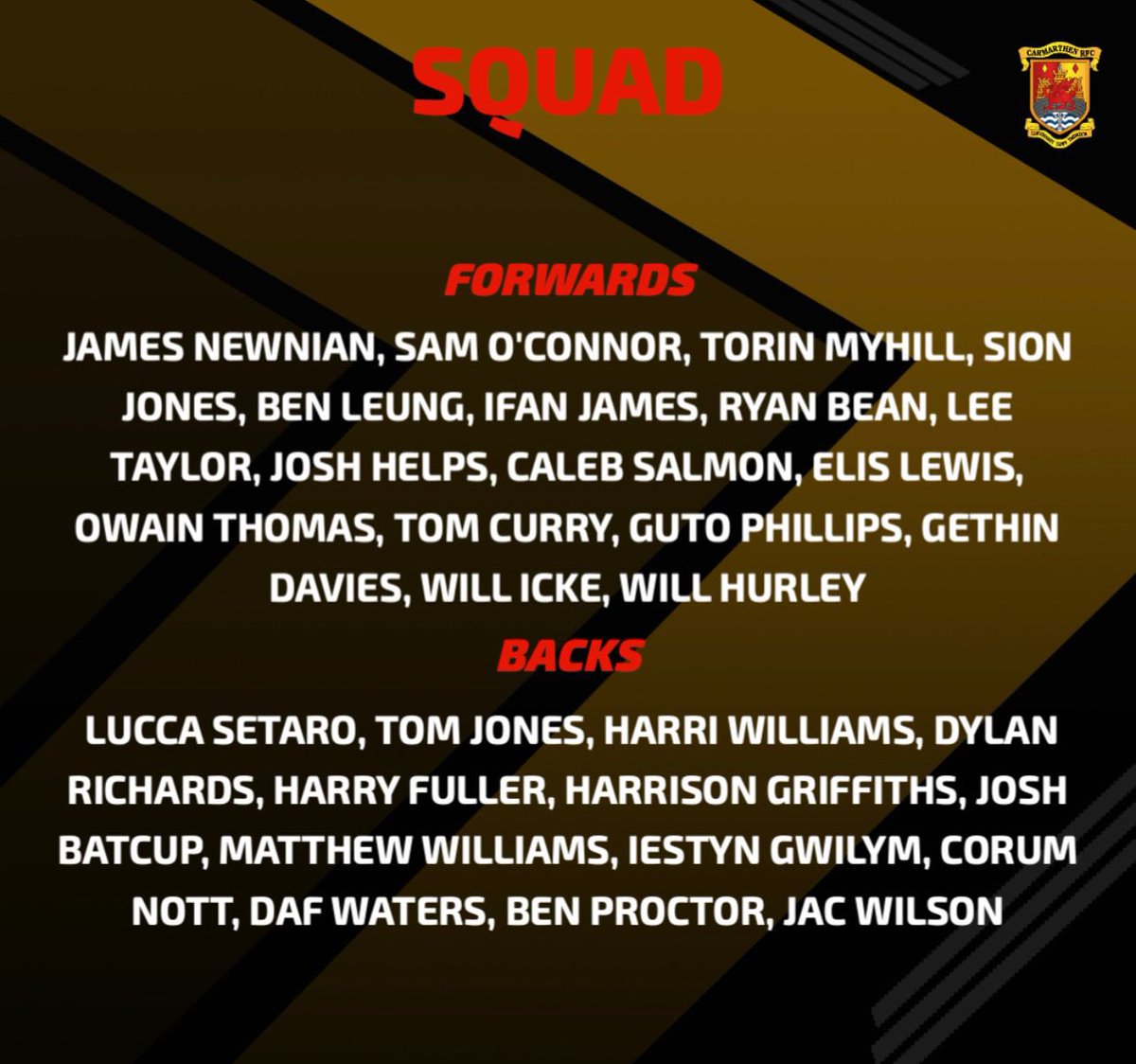 Tonight’s squad for the last pre season friendly against <a href="/GlamWandsRFC/">Glam Wanderers RFC</a> #Q4L