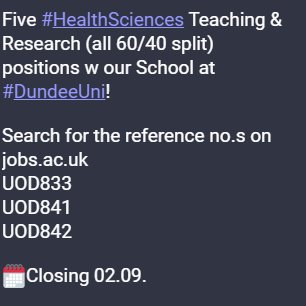 Just a quick reminder that there are five (5!) jobs advertised w @UoDHealthSci @MIRU_UK 👇 Search for the reference no.s on jobs.ac.uk UOD833 UOD841 UOD842 mastodon.social/deck/@jrboehnk… #AcademicJobs #AcademicChatter #HealthSciences #ImplementationScience #healthyageing