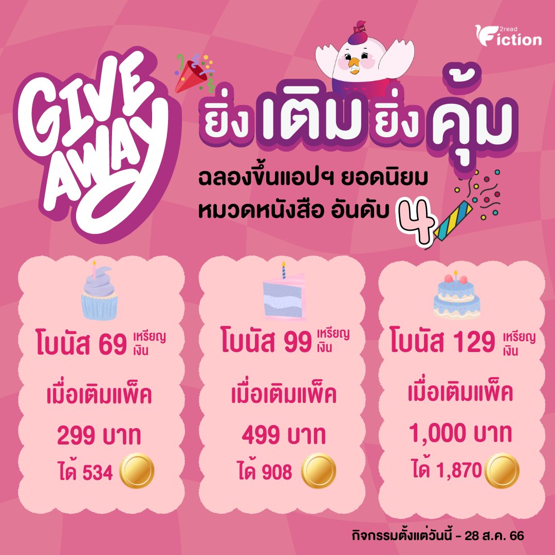 2read_fiction's tweet image. 𝑯𝒊 (*´∀｀) แทนคำขอบคุณ+ต้อนรับเพื่อนใหม่💗 
เรามอบของขวัญให้รีดเดอร์ #ยิ่งเติมยิ่งคุ้ม 3 วันสุดฟิน
รับโบนัสจุกๆ สูงถึง 𝟏𝟐𝟗 เหรียญเงิน🎊

✨รีบเติมเก็บไว้อ่านนิยายดีๆ #วายแฟนตาซีสุดแซ่บ อีกแน่นอน! 

ตั้งแต่วันนี้ - 28 ส.ค. 66* 
#2read #แนะนำนิยายวาย #รีวิวนิยายวาย