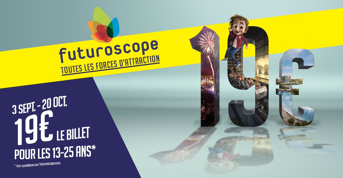 Vous avez entre 13 et 25 ans ? Du 3 septembre au 20 octobre, vous découvrirez plus de 40 attractions pour seulement 19€ au #Futuroscope 😎 Infos et conditions de l'offre 👉 futuroscope.com/fr/offres/offr…