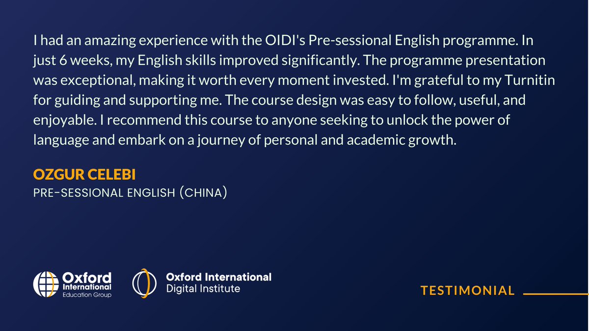 Oxford International (@oxford_int) on Twitter photo Hear Ozgur Celebi's inspiring journey to success with our Pre-Sessional English (PSE) Programme!
Visit bit.ly/3qScbVY to learn more about the programme.
#education #learning #highereducation #students #success #university Hear Ozgur Celebi's inspiring journey to success with our Pre-Sessional English (PSE) Programme!
Visit bit.ly/3qScbVY to learn more about the programme.
#education #learning #highereducation #students #success #university