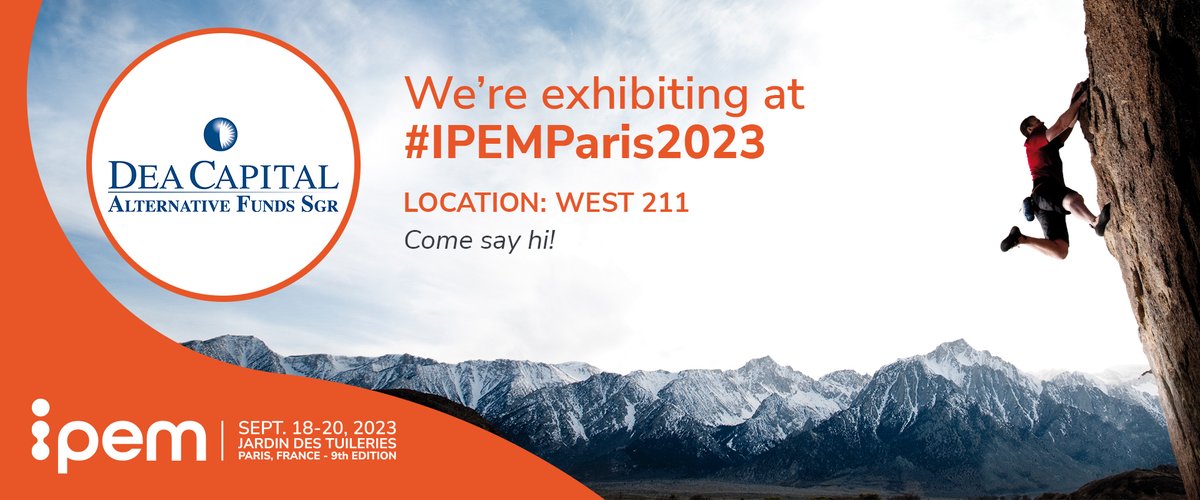 DeaCapital_AF's tweet photo. 📌 IPEM 2023
Dal 18 al 20 Settembre @DeaCapital_AF parteciperà ad #IPEM2023, Jardin des tuileries - Paris.

Vi aspettiamo al Booth West 211

@IpemMarket https://t.co/INLO6Qmb3t