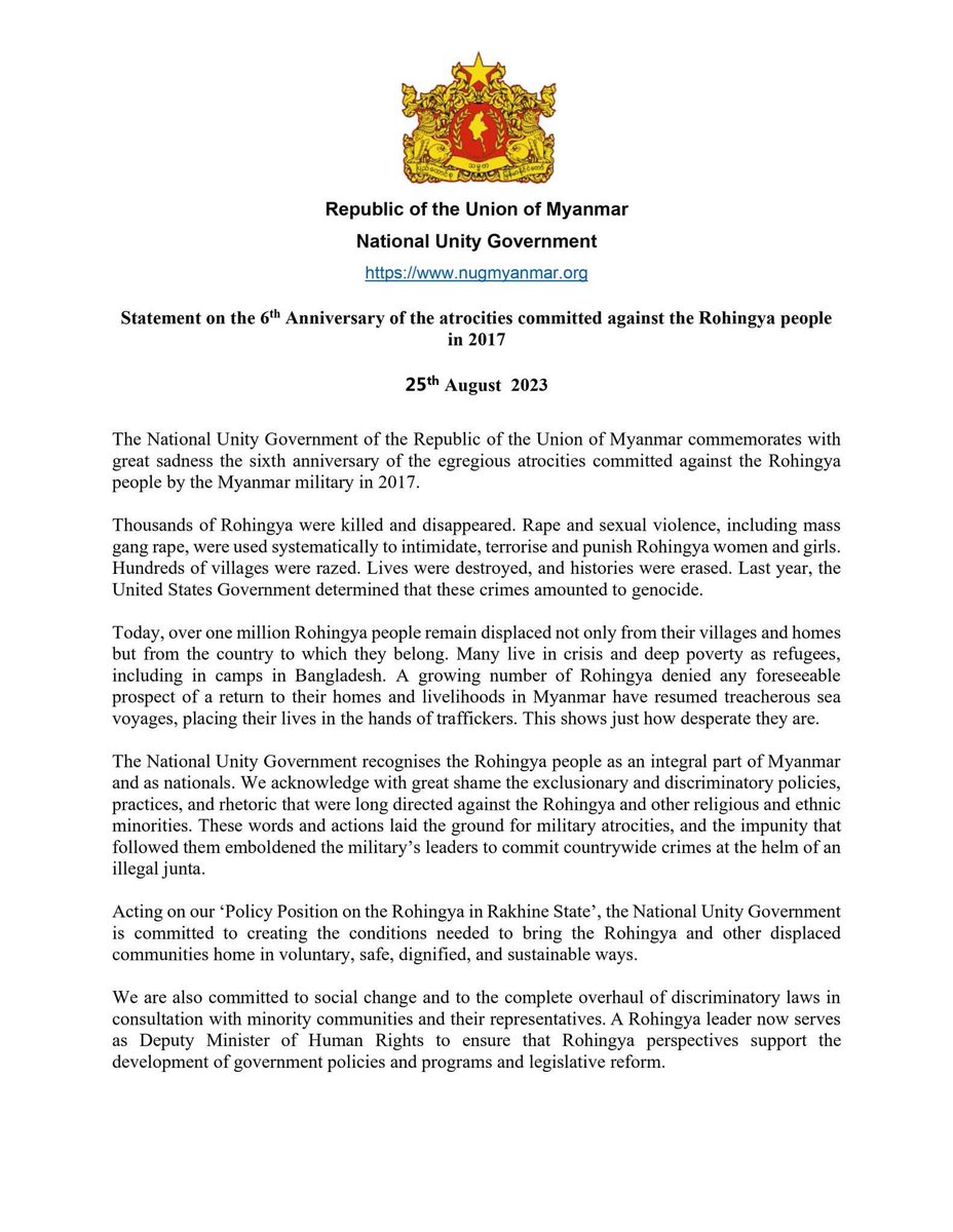 NUGMyanmar's tweet photo. Republic of the Union of Myanmar
National Unity Government
https://t.co/UdhRTPaIQm

Statement on the 6th Anniversary of the atrocities committed against the Rohingya people in 2017 https://t.co/iS4877SXt6