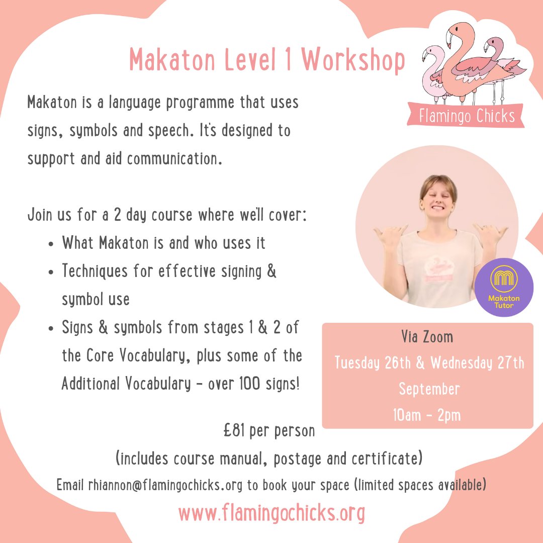 Flamingo Chicks (@flamingochicks) on Twitter photo Limited spaces available for our Level 1 Makaton Workshop!
🗓️Tues 26th & Weds 27th September, 10am - 2pm, on Zoom
📧 rhiannon@flamingochicks.org to book
#Makaton #WeTalkMakaton #InclusiveCommunication #Inclusion #FlamingoChicks #SEND #SENCO #BackToSchool Limited spaces available for our Level 1 Makaton Workshop!
🗓️Tues 26th & Weds 27th September, 10am - 2pm, on Zoom
📧 rhiannon@flamingochicks.org to book
#Makaton #WeTalkMakaton #InclusiveCommunication #Inclusion #FlamingoChicks #SEND #SENCO #BackToSchool