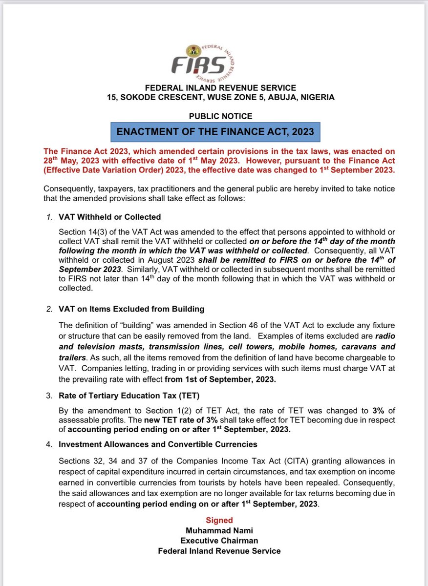 NigeriaRevenue's tweet photo. 📉Public Notice on the Enactment of the Finance Act 2023

✍🏾The Finance Act 2023, pursuant to the Finance Act (Effective Date Variation Order) 2023, has an effective date from 1st September 2023.

✍🏾The effect of the amended provisions is explained in the Public Notice below 👇🏾 https://t.co/A1h0NeZuTL