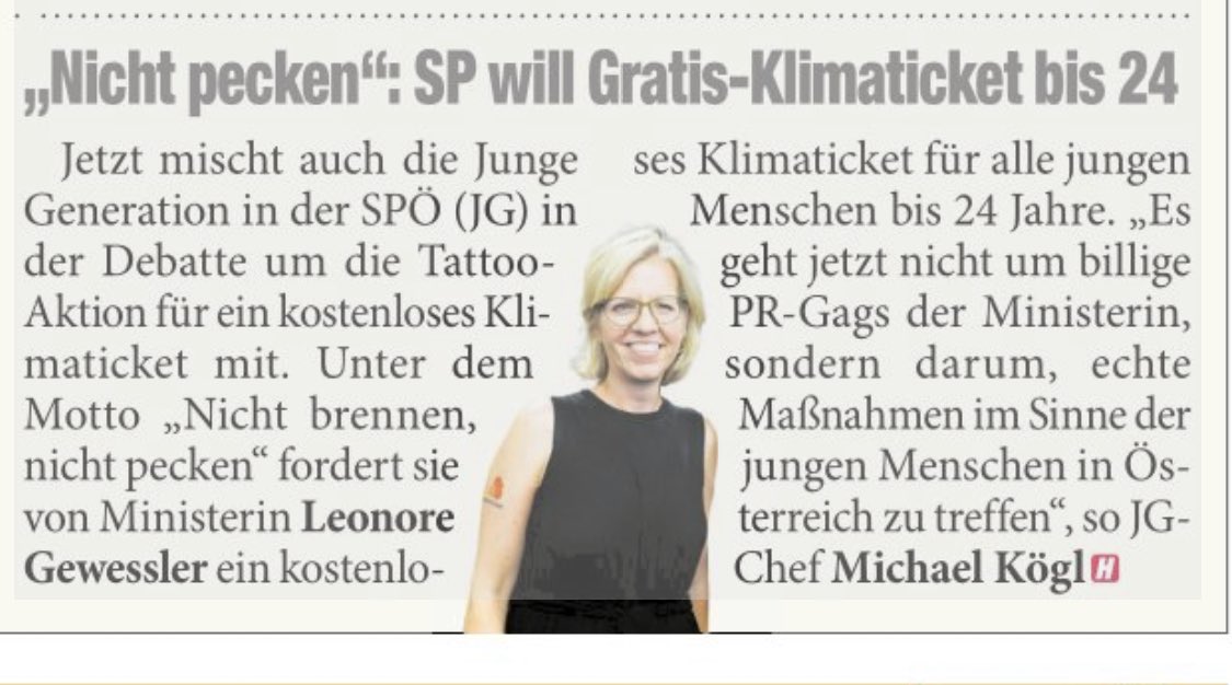 Weil wir die Klimaticket-Tattoo-Aktion ziemlich fragwürdig finden, haben wir einen Vorschlag: Alle jungen Menschen unter 25 bekommen's gratis. Dann braucht es nicht solche absurden PR-Gags von <a href="/lgewessler/">Leonore Gewessler</a> .