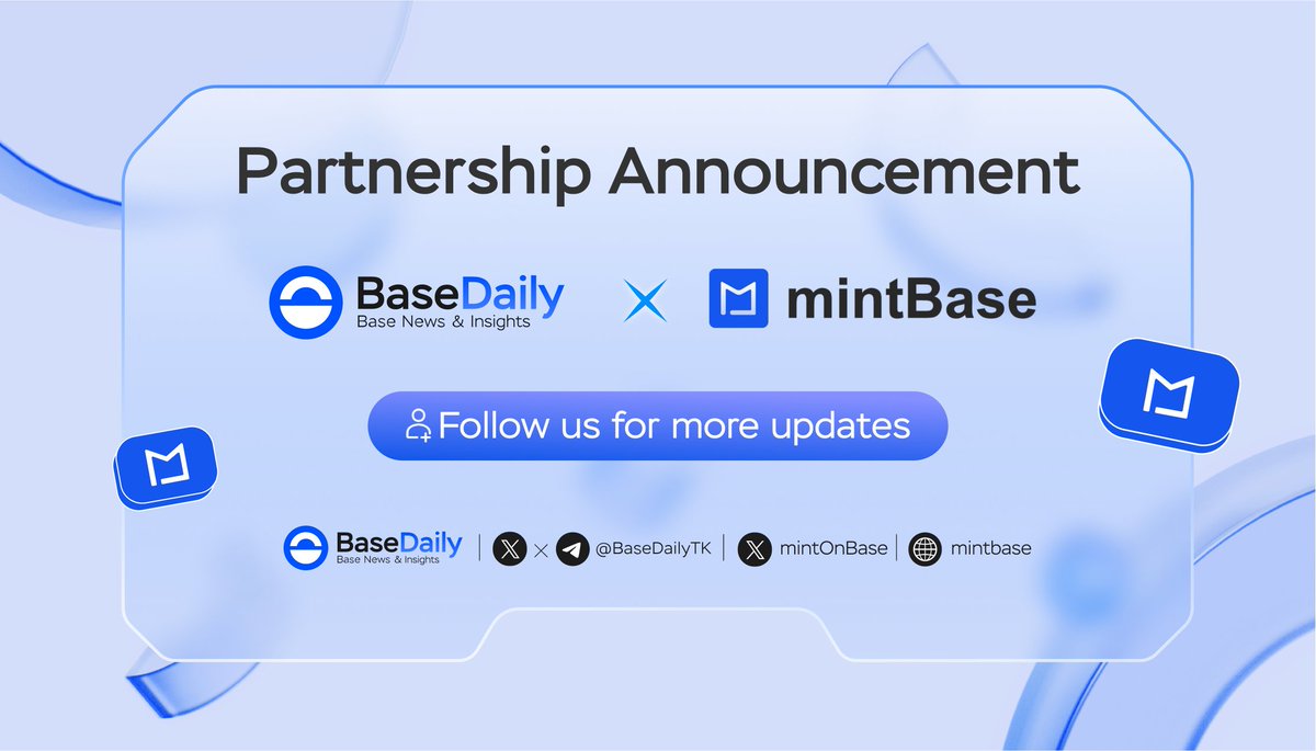 BaseDailyTK's tweet image. 🎉 PARTNERSHIP ANNOUNCEMENT: @BaseDailyTK 🤝 @mintOnBase 🚀

🖼️ #mintBase is the first native NFT Marketplace on @BuildOnBase 🛡️ 

✅ Stay tuned for more updates! Exciting times ahead 🔥