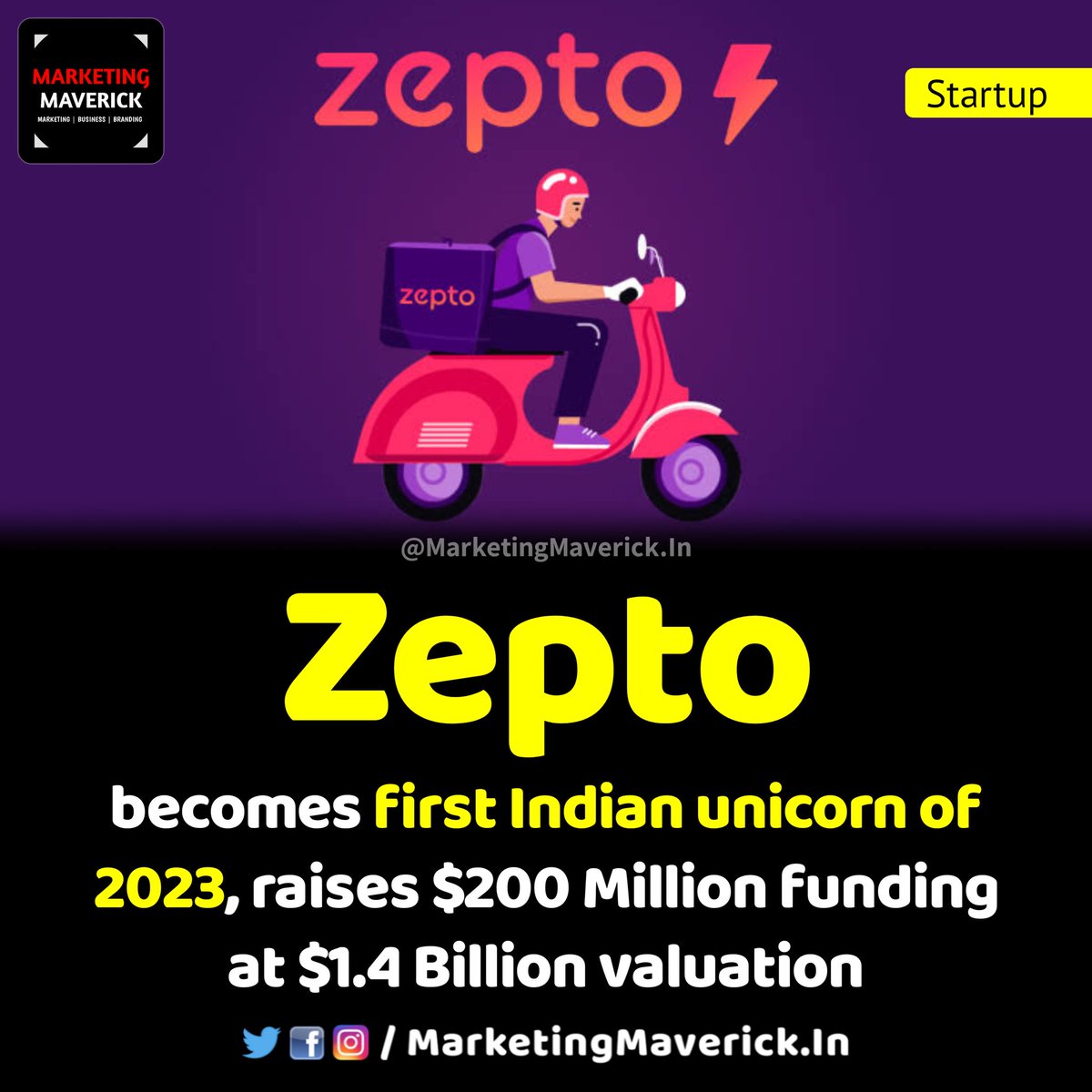 MarketingMvrick's tweet photo. At $1.4 Billion valuation, Zepto becomes first Indian unicorn of 2023. https://t.co/DjJ5Wfbq6b