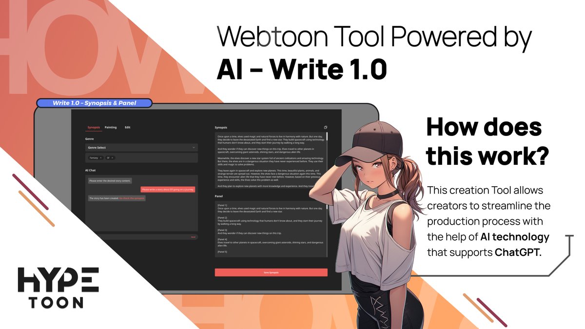 Writing #webtoon is never been easy with #HypeToon's #AI-based creation program - Write 1.0!😋

✍️ Create amazing webtoons effortlessly with the support of us. Perfect for #manhwa creators and artists!  

Stay tuned for this amazing feature!