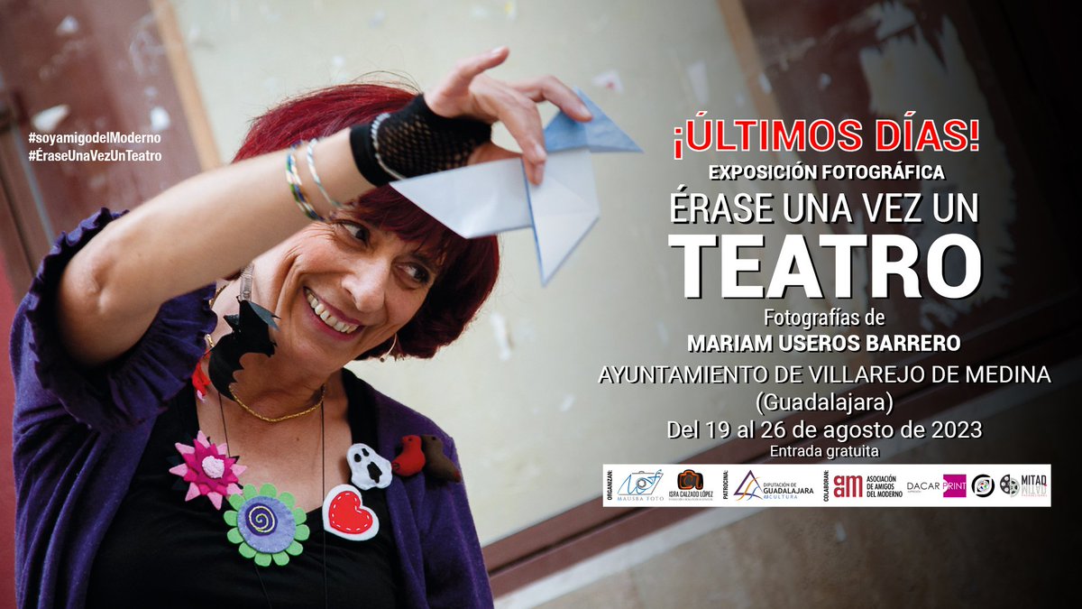 ‼️ Últimos días en Villarejo de Medina
📷 Podéis visitar la exposición fotográfica #ÉraseUnaVezUnTeatro #enlapuñeteracalle en el ayuntamiento del municipio hasta el sábado 26 de agosto.
🎫 Entrada gratuita

#soyamigadelModerno