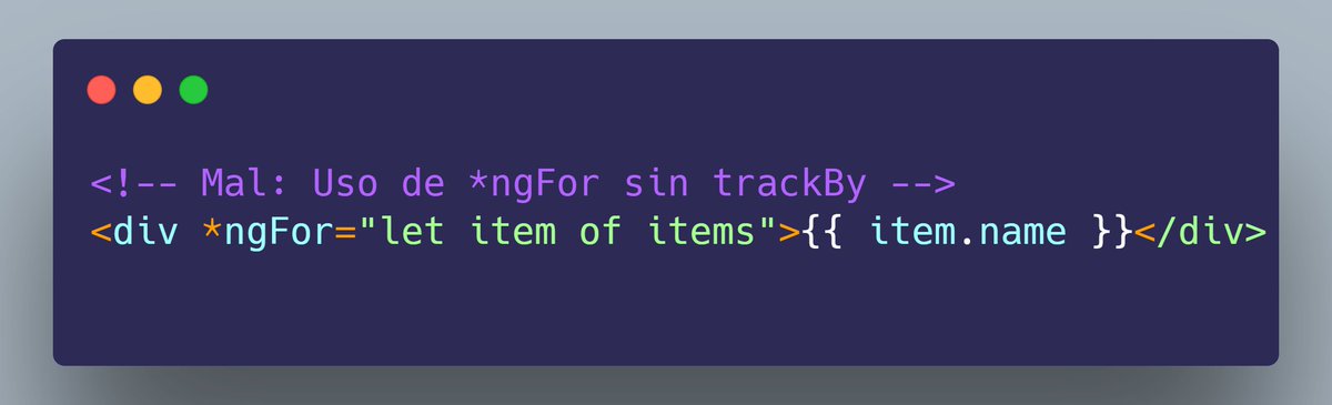 domini_code's tweet image. 2️⃣ 🚀 ¡Hablemos de Performance!
Usar ngFor sin un trackBy puede afectar el rendimiento. Asegúrate de usar un identificador único para optimizar el rendimiento de las listas largas.
¡Evita recálculos innecesarios y mejora la velocidad de tu aplicación! #AngularPerformance