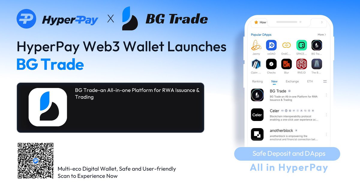 📢Glad to announce that we've listed #BGtrade on #HyperPay #Web3 Wallet! <a href="/BGTrade_/">BGTrade</a> ☺️

BG Trade is an all-in-one #RWA platform which connects Web 2.0 and Web 3.0 worlds by aggregating multi-dimensional asset investments. 😇

Click to check more:
🔗tinyurl.com/25jsybwm