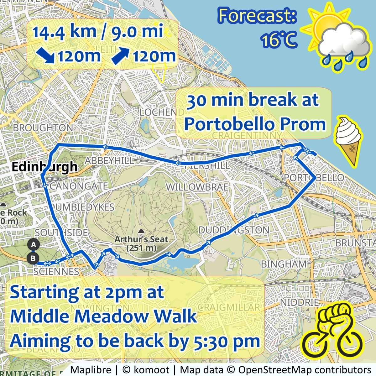 Tomorrow #CriticalMass #Edinburgh will be riding to Portobello Promenade where we will do a 30 minute break before riding back to town. Route map below! See you tomorrow!