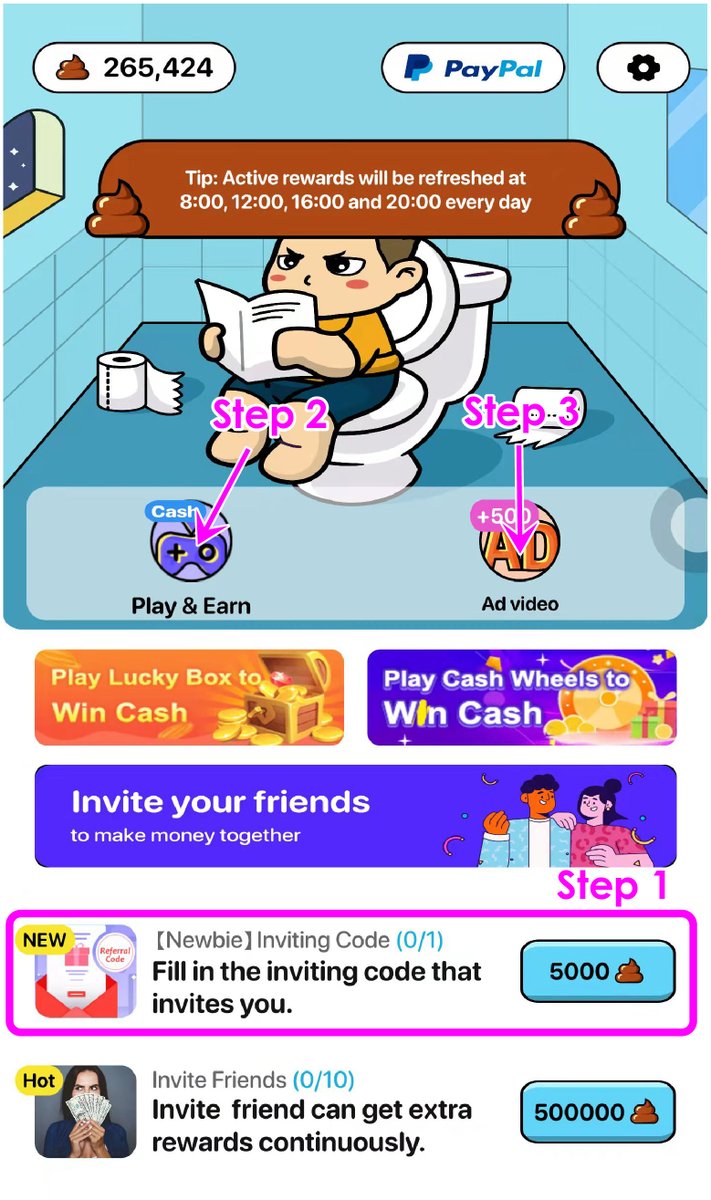 Invite friends to join PoopyCash to earn cash rewards!🫰💵👬
❓How❓
1️⃣The invitee fills in the invitation code of the inviter
2️⃣The invitee completes a “Play &amp; Earn” task
3️⃣ Invitees watch 5 ads
🤑The inviter will receive referral rewards and 10% of the friends' income.