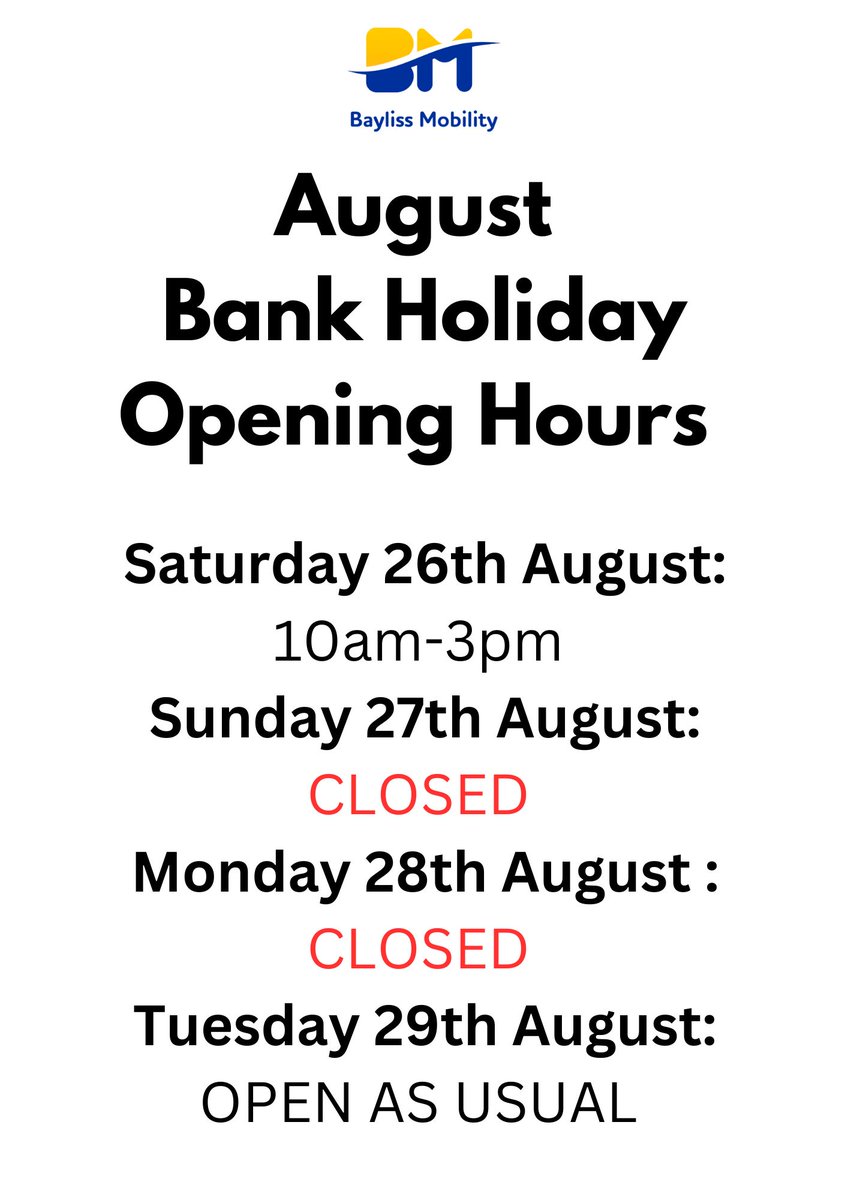 BaylissMobility's tweet photo. #bankholiday #openinghours https://t.co/KcBuZqiVpo