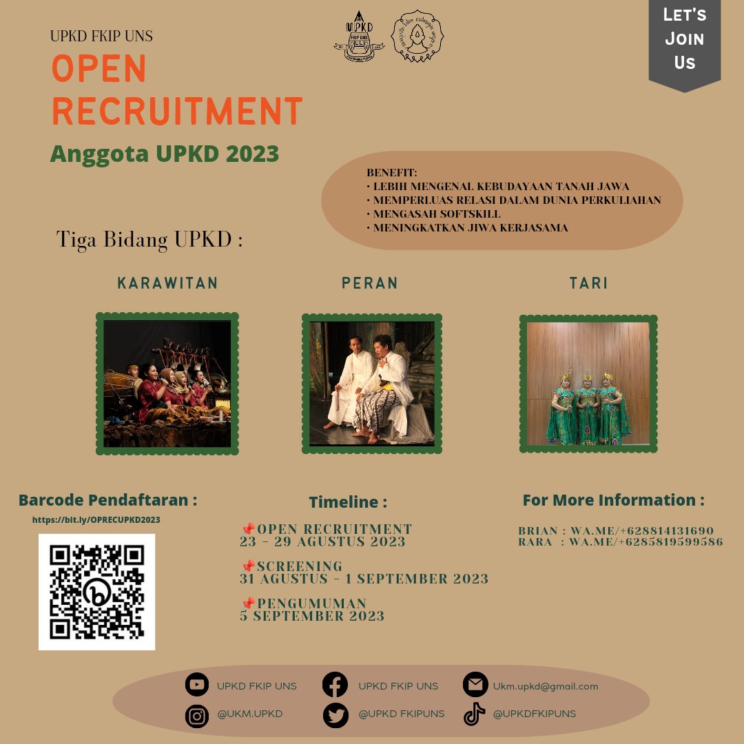 💥OPREC ANGGOTA UPKD💥

Timeline yang harus diperhatikan!!
Pendaftaran : 23 - 29 Agustus 2023
Screening: 31 Agustus - 1 September 2023
Pengumuman : 5 September 2023

Untuk kalian semua yang mau join bisa banget isi link gform dibawah ini👇👇 bit.ly/OPRECUPKD2023

Gass daftar🔥