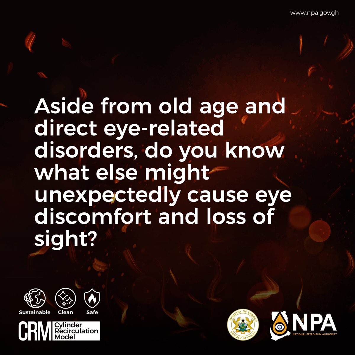 NPAGhana's tweet photo. Let's delve into the lesser-known factors that can cause harm to your sight.
#cylinderrecirculationmodule #CRM #respiratory #health #safety #NPA #MOE #cleanenergy #safenergy https://t.co/7f4GndAQaL