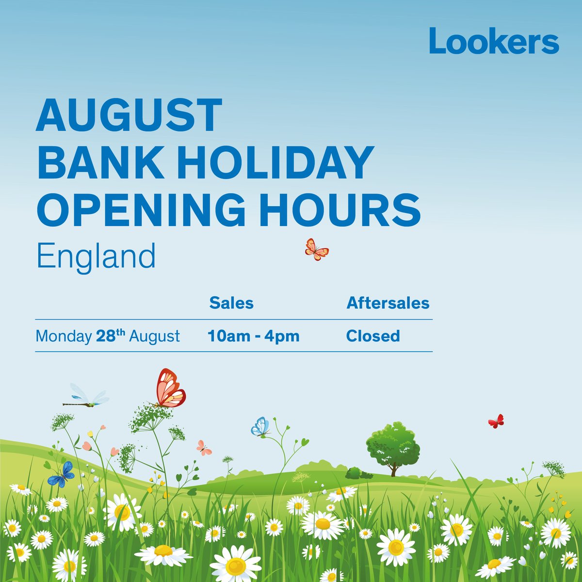 So you don't miss us this bank holiday. Here are our opening times. Don't forget our contact centres are open and happy to take your calls, and can be reached at lookers.co.uk/contact-us #ChooseLookers #BankHoliday