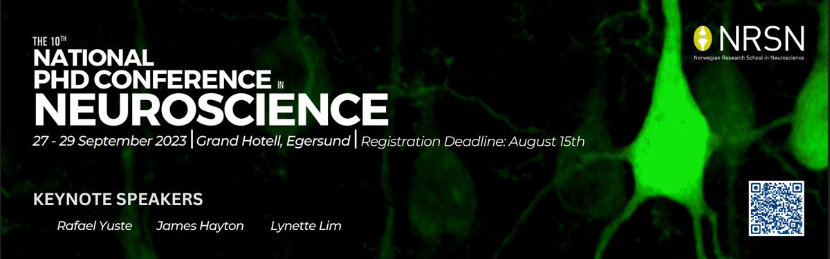 Norwegian Research School in Neuroscience (NRSN) (@nrsneuro) on Twitter photo The final registration deadline for the NRSN PhD conference 2023 is 28th of August at noon! Don't miss out🧠💻✨ Confirmed speakers: Professor Rafael Yuste, Assistant Professor Lynette Lim, and PhD Coach James Hayton🙌
Register here 👉ntnu.no/machform/view.…
<a href="/KISNeuro/">Kavli Neuroscience</a> The final registration deadline for the NRSN PhD conference 2023 is 28th of August at noon! Don't miss out🧠💻✨ Confirmed speakers: Professor Rafael Yuste, Assistant Professor Lynette Lim, and PhD Coach James Hayton🙌
Register here 👉ntnu.no/machform/view.…
<a href="/KISNeuro/">Kavli Neuroscience</a>