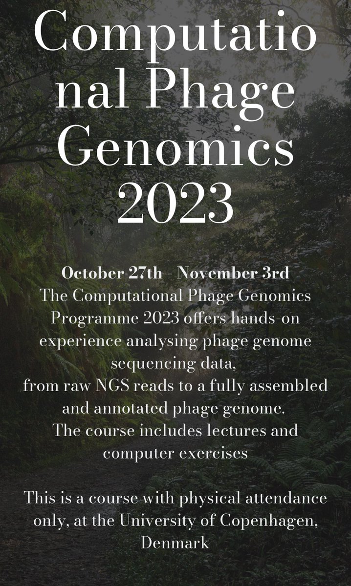 bentpetersen's tweet image. New #PhDcourse in #computational #phage #genomics🧬 at the University of Copenhagen @Globe_UCPH @uni_copenhagen 
Understand #PhageTherapy &amp;amp; how #bioinformatics can support therapeutic use of phages. @MarthaClokie @TSPKU @milja001 @HRajandas phings.ku.dk/ComPhaGen2023