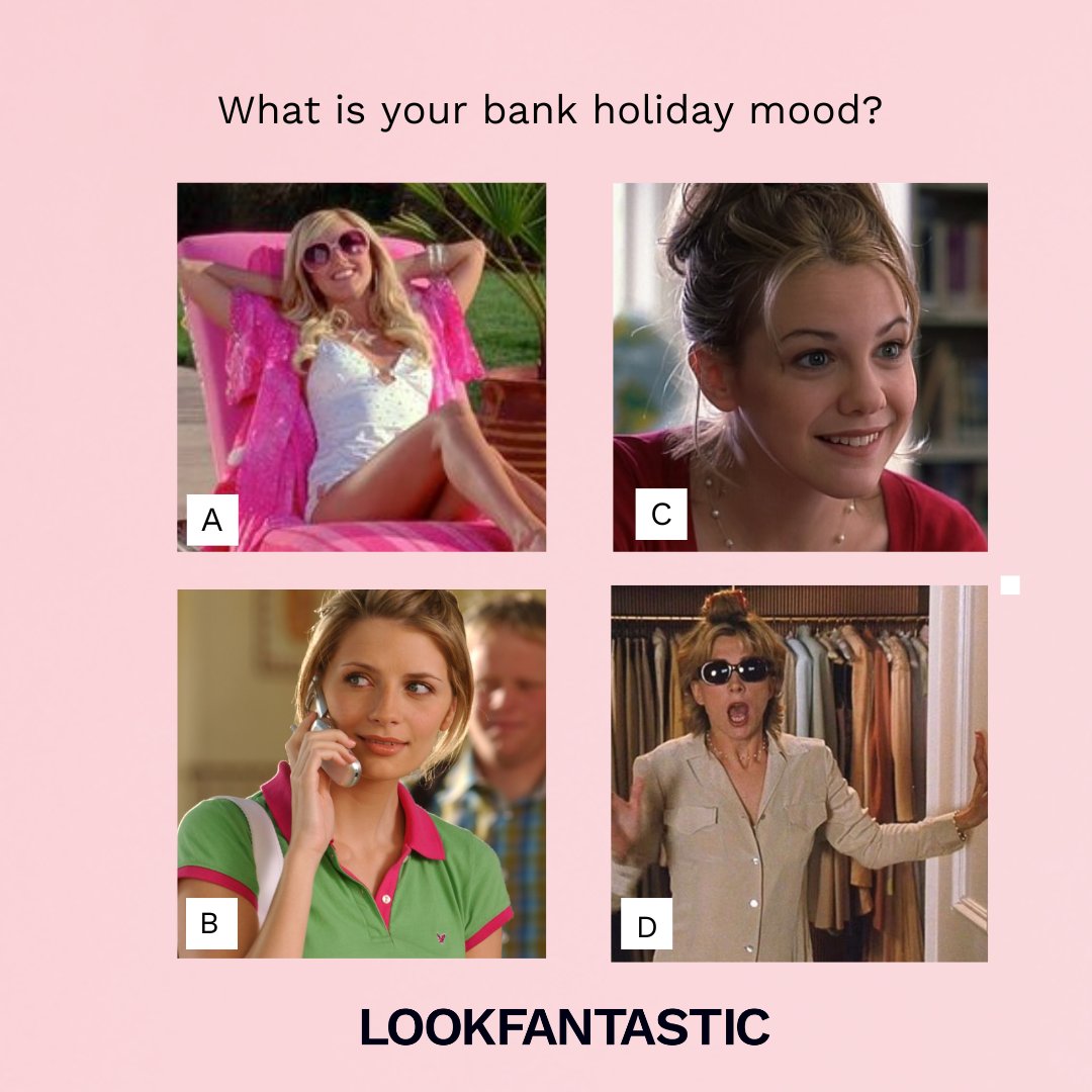 Which one is your bank holiday mood? 🤔 ⁣
⁣
We're definitely A 🌞🍷 ⁣
⁣
Who else is in for a long weekend of self-care, pampering and a LOOKFANTASTIC beauty haul? 💅