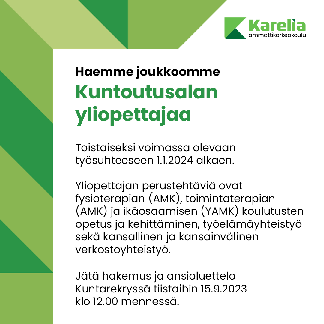 Haemme joukkoomme Kuntoutusalan yliopettajaa toistaiseksi voimassa olevaan työsuhteeseen 1.1.2024 alkaen.

Jätä hakemus ansioluetteloineen maanantaihin 15.9.2023 klo 12.00 mennessä Kuntarekryssä.
kuntarekry.fi/fi/tyopaikat/k…