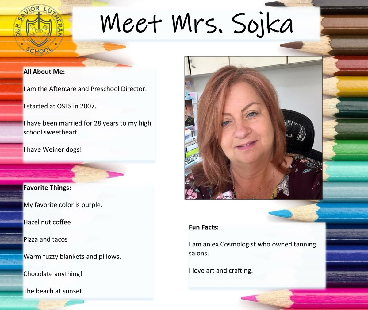 OurSaviorFLsch's tweet image. Today&apos;s Faculty Friday is Mrs. Tammy Sojka! #osls #aftercare #preschool #livelove #golivelove