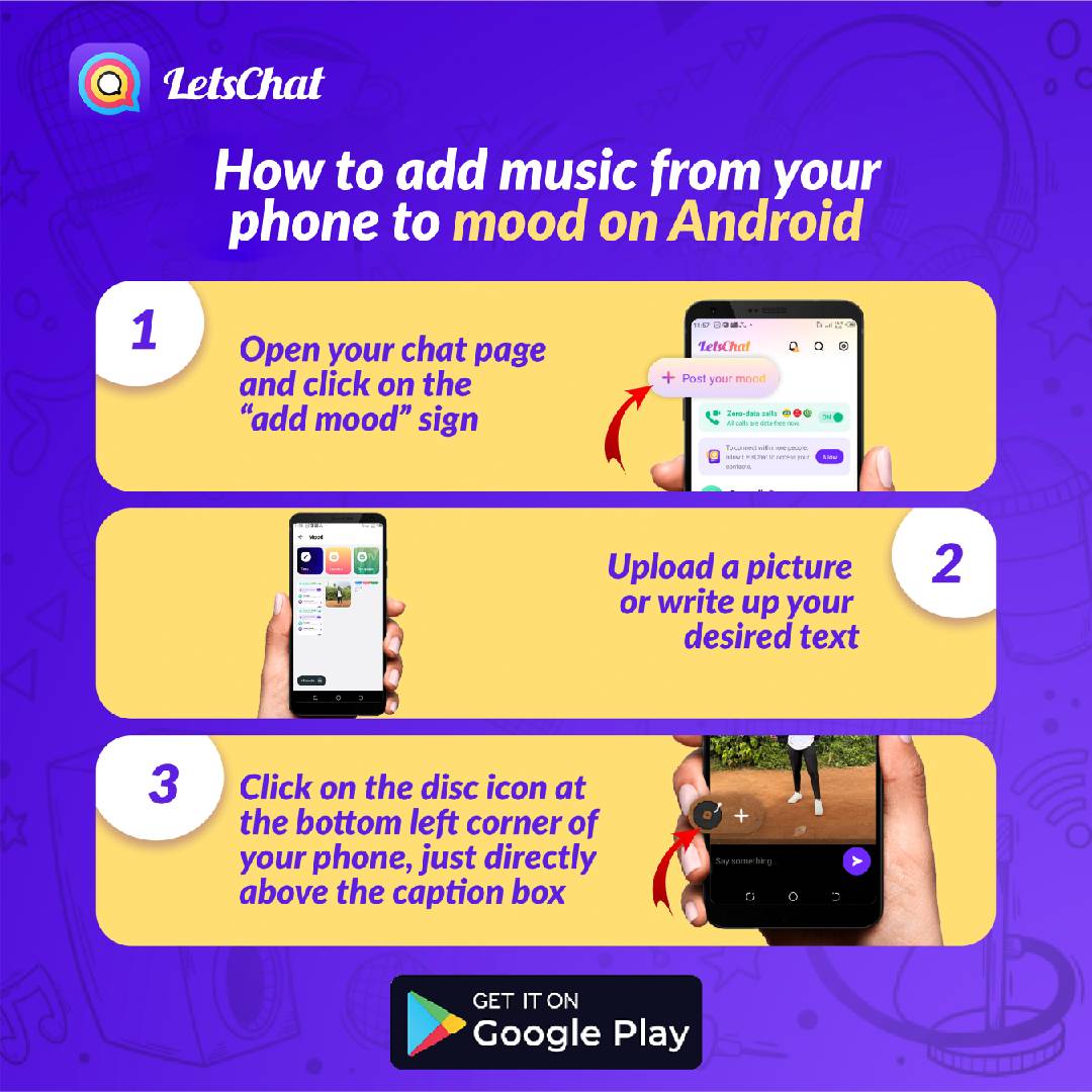 Happy_luckyyyyy's tweet photo. Here's how to add music to your mood on LetsChat on both Android and iOS: Just follow these simple steps! 🎵💪🏼
#LetsChat #Mood #Music #LetsChatMood #AddMusic
Download LetsChat 👇
https://t.co/Vw2QYWrnPz
LetsChat is here to stay 🥳💃💃💃 https://t.co/wH8JVfPI2F