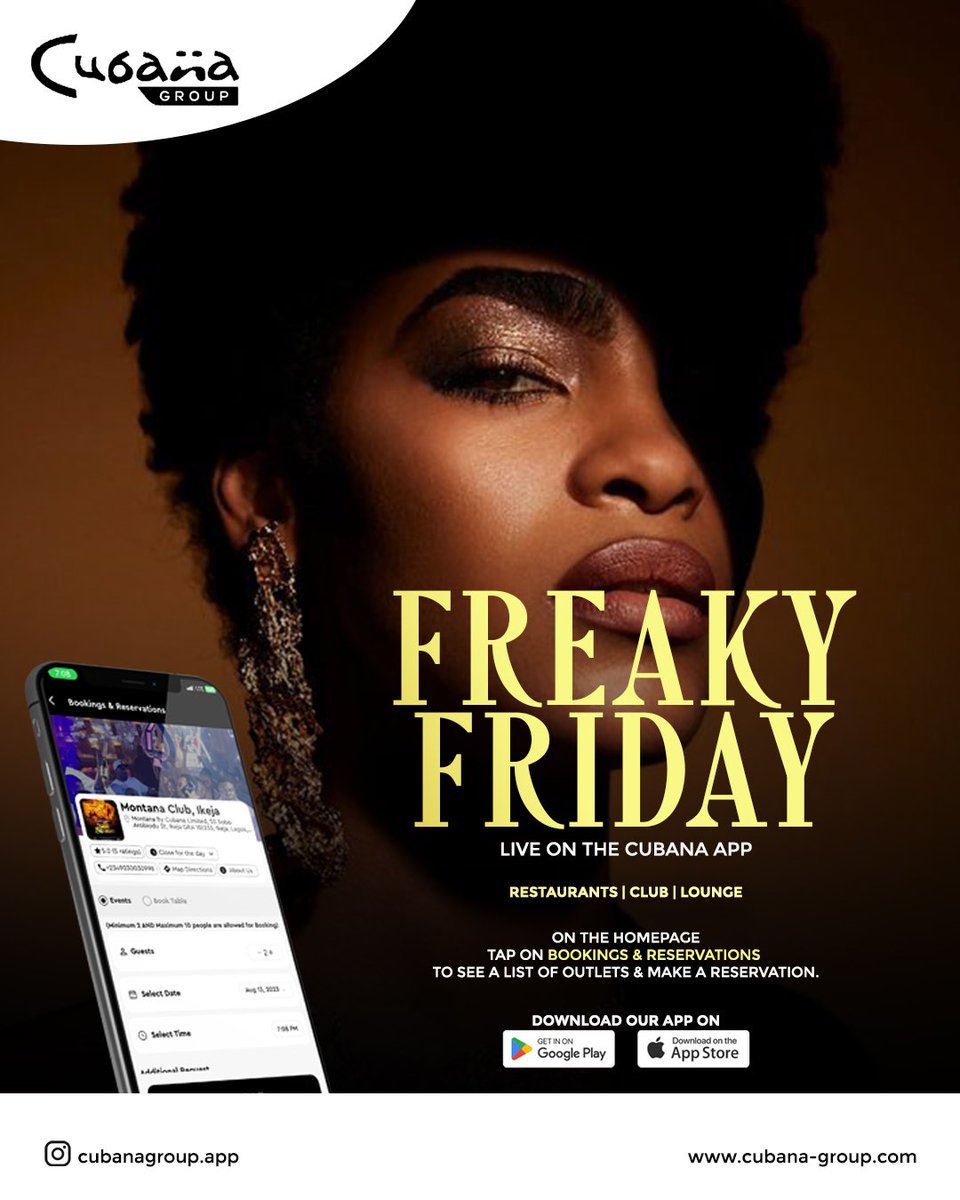 CubanaApp's tweet photo. It’s freaky Friday enjoy easy access to our restaurants/Hotels by using the Cubana NG APP 

Download the CUBANA NG mobile app today.
available for IOS and Android. Click the link in our bio 

#cubanasuites #obicubana #cubanaapp https://t.co/1W4YpkNgoJ