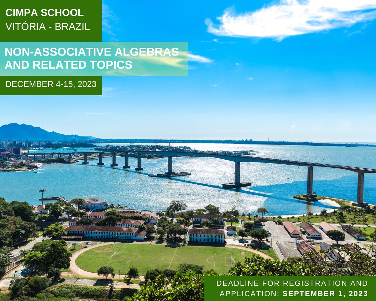 CIMPA_Math's tweet photo. 🌟 Don't Forget! 🌟Join us at the CIMPA School on "Non-Associative Algebras and Related Topics" in Vitória, Brazil. 🚀 Save the dates: Dec 4-15, 2023. Don't miss out on CIMPA's financial support. Learn more: https://t.co/kT4ySyJPNr ⏳ Apply by Sep 1, 2023. #MathPassion #CIMPA2023 https://t.co/U0OiG6raOc