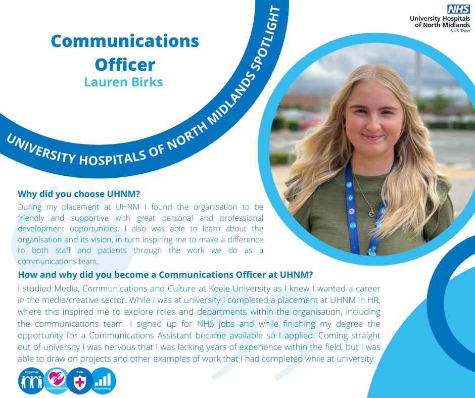 Recruitment at UHNM (@careersatuhnm) on Twitter photo Meet Lauren Birks, Communications Officer!๐
This weeks <a href="/UHNM_NHS/">UHNM NHS Trust ๐ฅ</a> spotlight!๐ฆ
We have a diverse number of roles at UHNM๐ฅ
Lauren from our fantastic Communications Team shares her career journey from University to her first role at UHNM!๐
#MyUHNMcareer #UHNMspotlightโญ๏ธ Meet Lauren Birks, Communications Officer!๐
This weeks <a href="/UHNM_NHS/">UHNM NHS Trust ๐ฅ</a> spotlight!๐ฆ
We have a diverse number of roles at UHNM๐ฅ
Lauren from our fantastic Communications Team shares her career journey from University to her first role at UHNM!๐
#MyUHNMcareer #UHNMspotlightโญ๏ธ