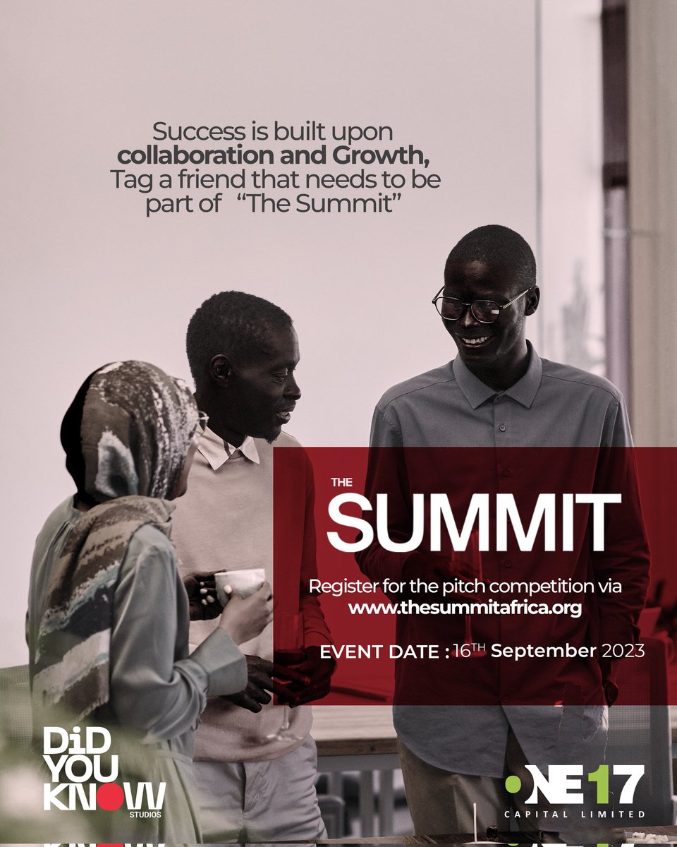 There's no limit to what can be achieved when great minds come together.

Tag your friends and colleagues alike that need to step out, seize this opportunity and reach their full potential.

Register for the Summit Business Pitch via this link
thesummitafrica.org

Be there!