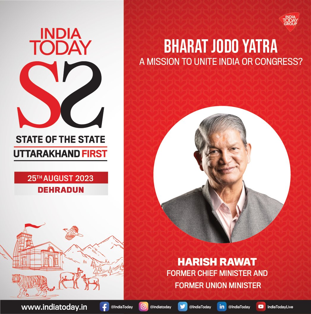 IndiaToday's tweet image. Harish Rawat, Former Chief Minister and Former Union Minister talks about 'Bharat Jodo Yatra' live at India Today
#StateOfState, as he speaks on #UttarakhandFirst.

#Promo | @harishrawatcmuk