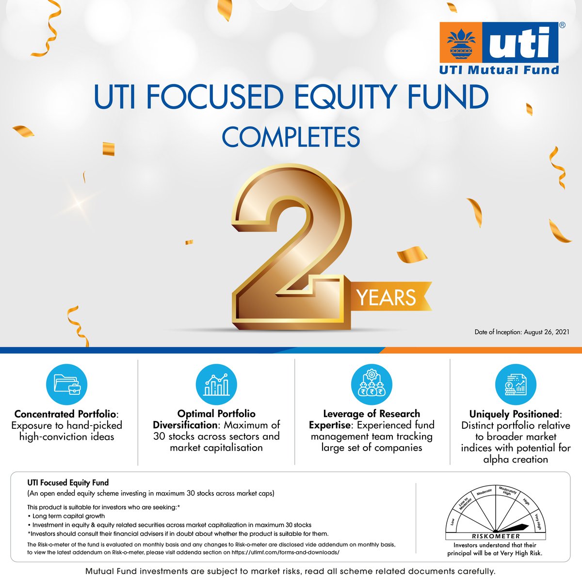 utimutualfund's tweet photo. Delighted to announce that UTI Focused Equity Fund completes 2 years. We would like to thank all our investors, partners and other stakeholders for their continuous support and patronage.
Know more: https://t.co/6WUvu6g5I5
#UTIMutualFund #UTIFocusedEquityFund #Focused #Equity https://t.co/2HJ0WhpeO6