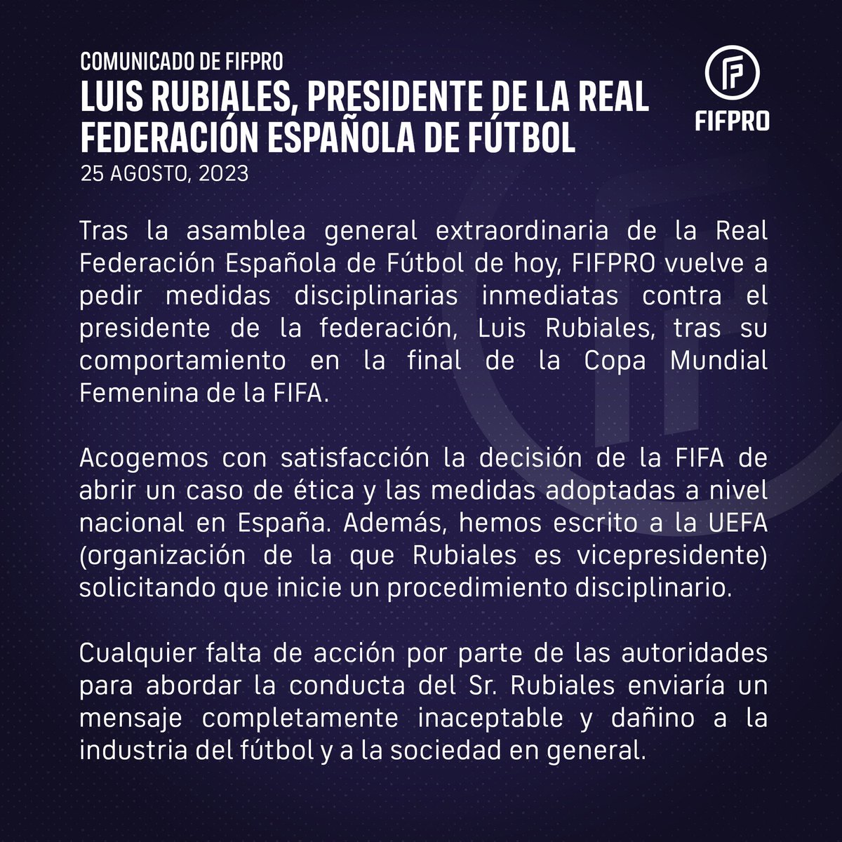 Comunicado de #FIFPRO sobre Luis Rubiales, presidente de la Real Federación Española de Fútbol: