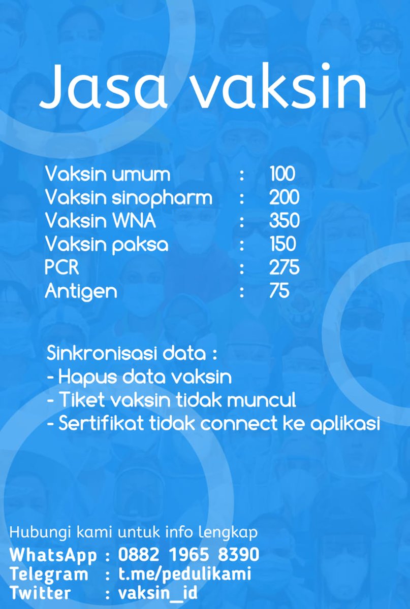 vaksin_id's tweet photo. Jasa vaksin tanpa suntik
- Proses cepat
- Data aman
- Pembayaran diakhir

testi : https://t.co/Y0fGYSj3Ye
https://t.co/2FMbIt3wbk

#zonauang #zonaba #vaksin https://t.co/E6X5mGxRzI