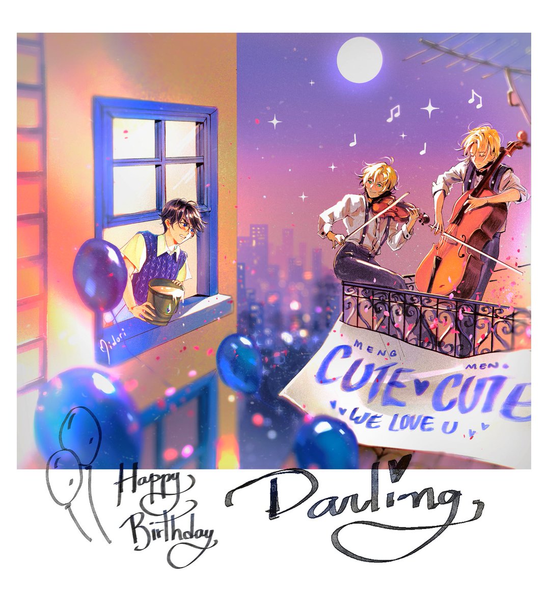 Midori_m42's tweet photo. Happy Xue Meng B-day!!! 💙🎈
～ Moonlight Serenade 🎻🎵

Ziming, can you hear two orange kittens meowing on top of the roof?

thank you so much @NNyanning for the collab!! ✨#Xuemengbday✨

#HappyXueMengDay #薛蒙0825生日快乐 #shuangmeimeng #2ha #二哈和他的白猫师尊 https://t.co/sBulJCfoNS